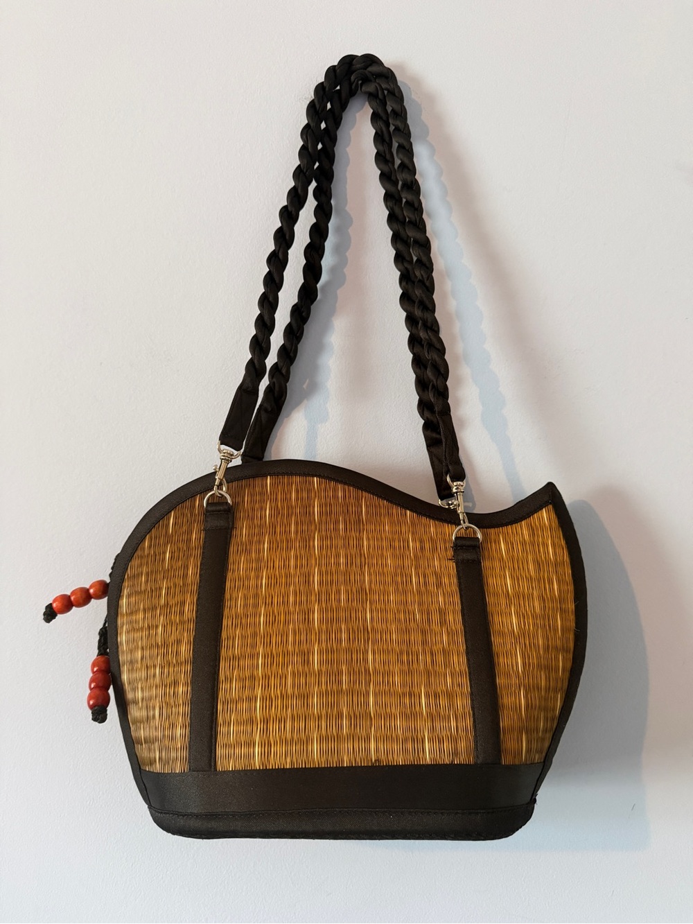 Woven Cambodian Basket Shoulder Bag with Black Trim